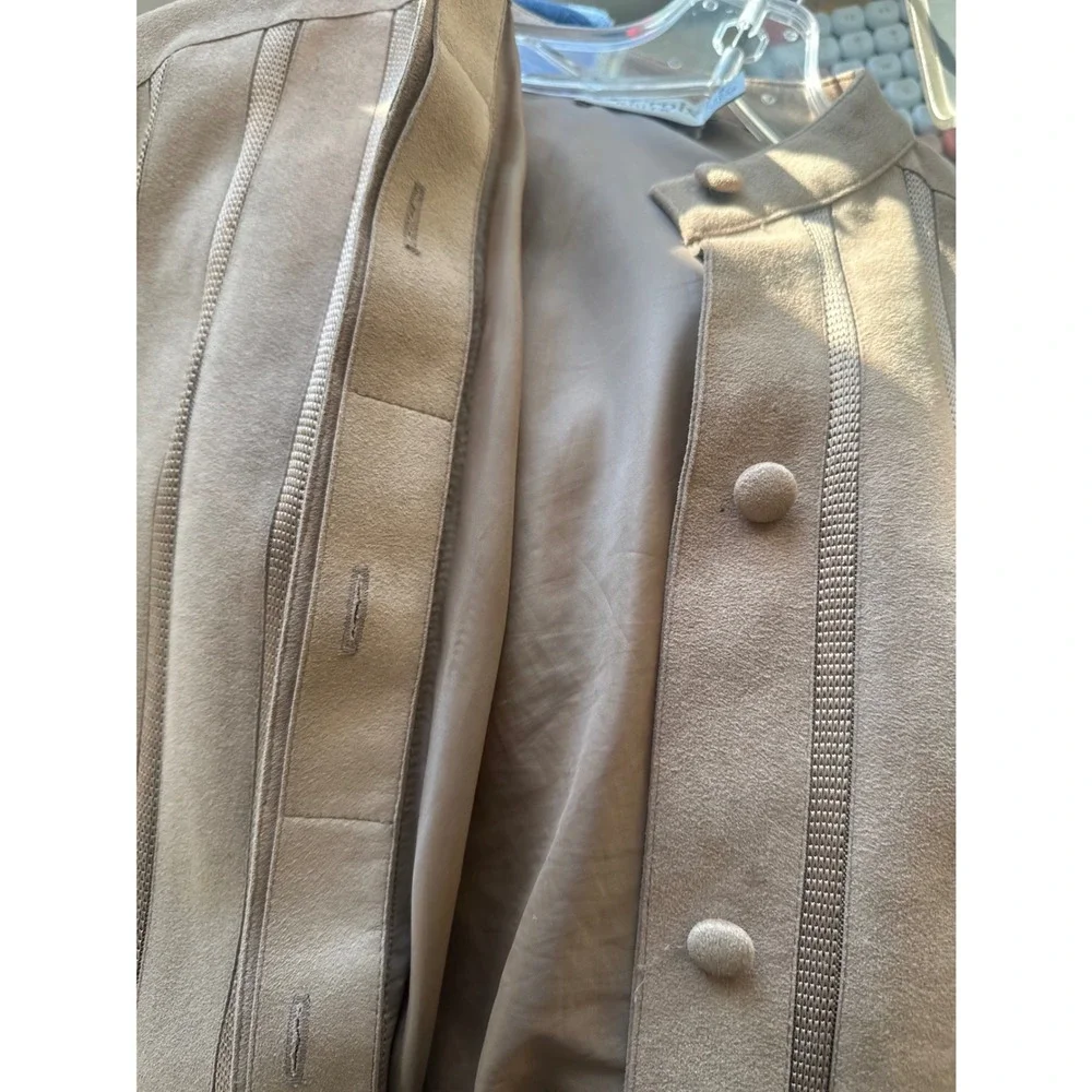 St. Croix Knits Vintage‎ Tan Faux Suede Striped Jacket Button Front Bomber Small